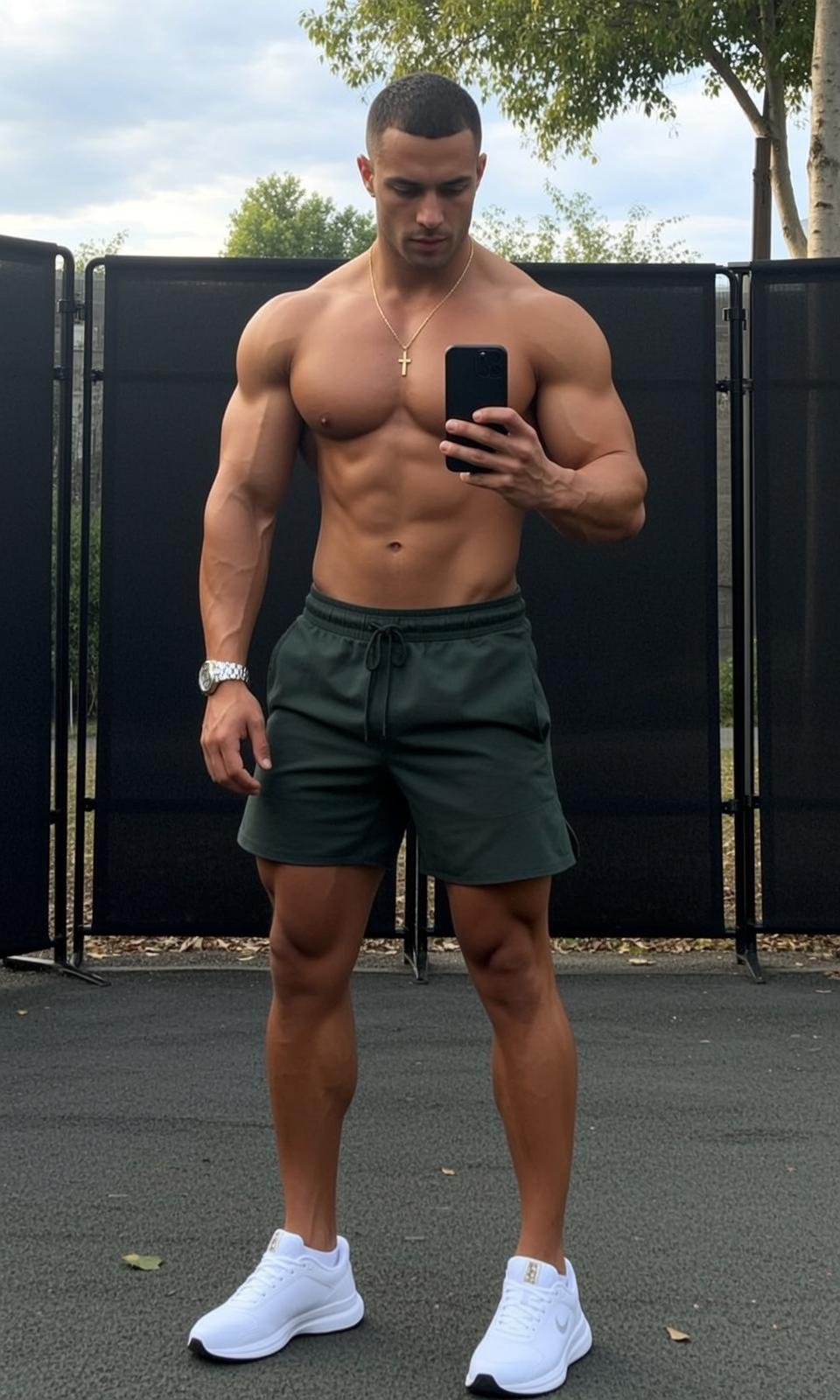 Muscular Short Buzz Cut Tanned Dark Green