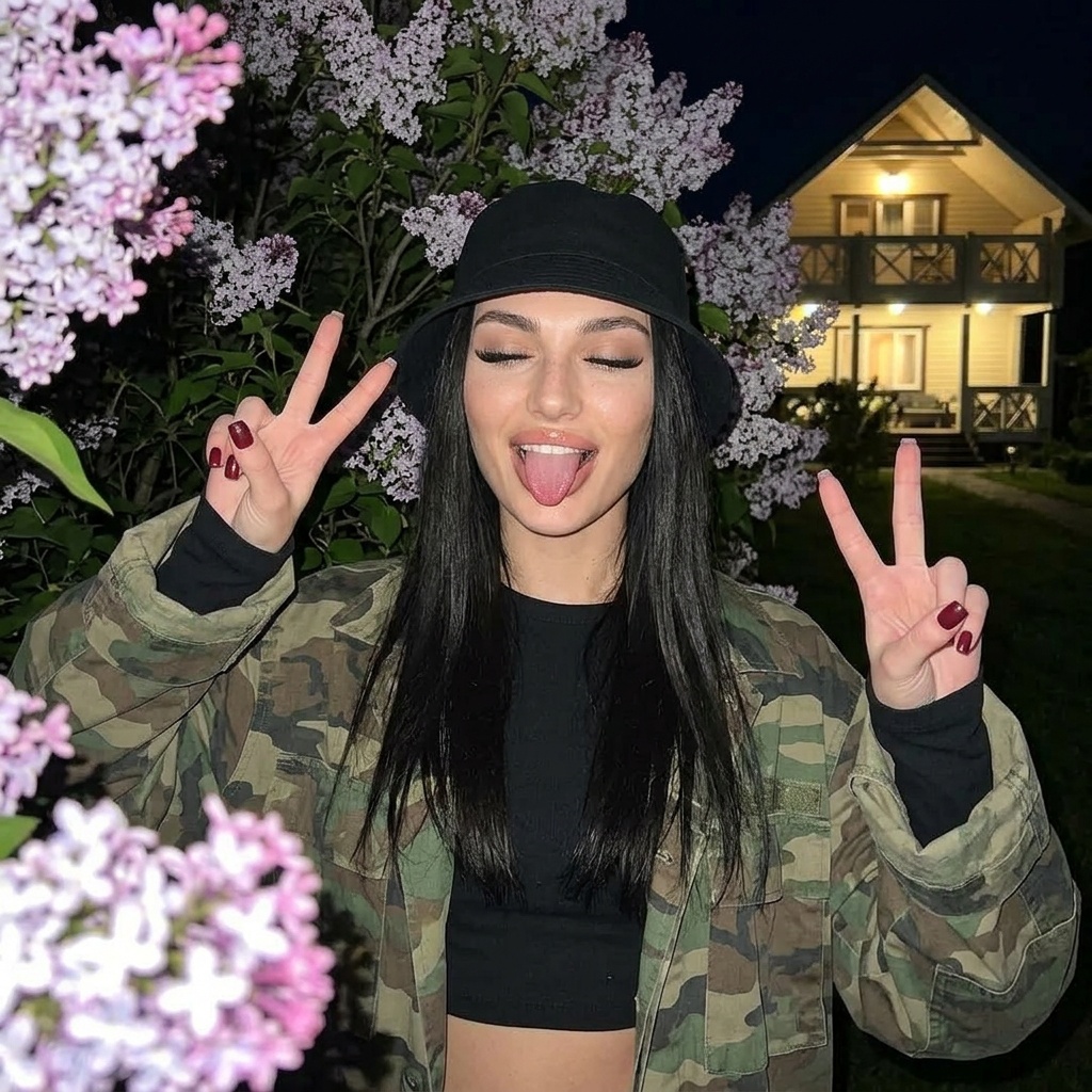 Girl Playful Lilac Bush Night Flash Selfie