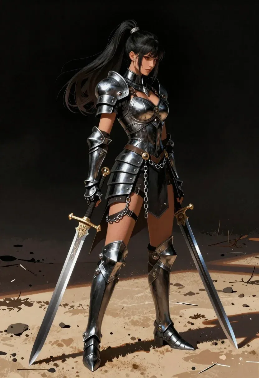 Digital Illustration Female Warrior Standing Sandy Terrain Against Dark Void