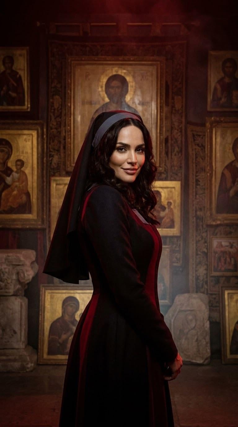 Nun In Habit Profile With Religious Icons