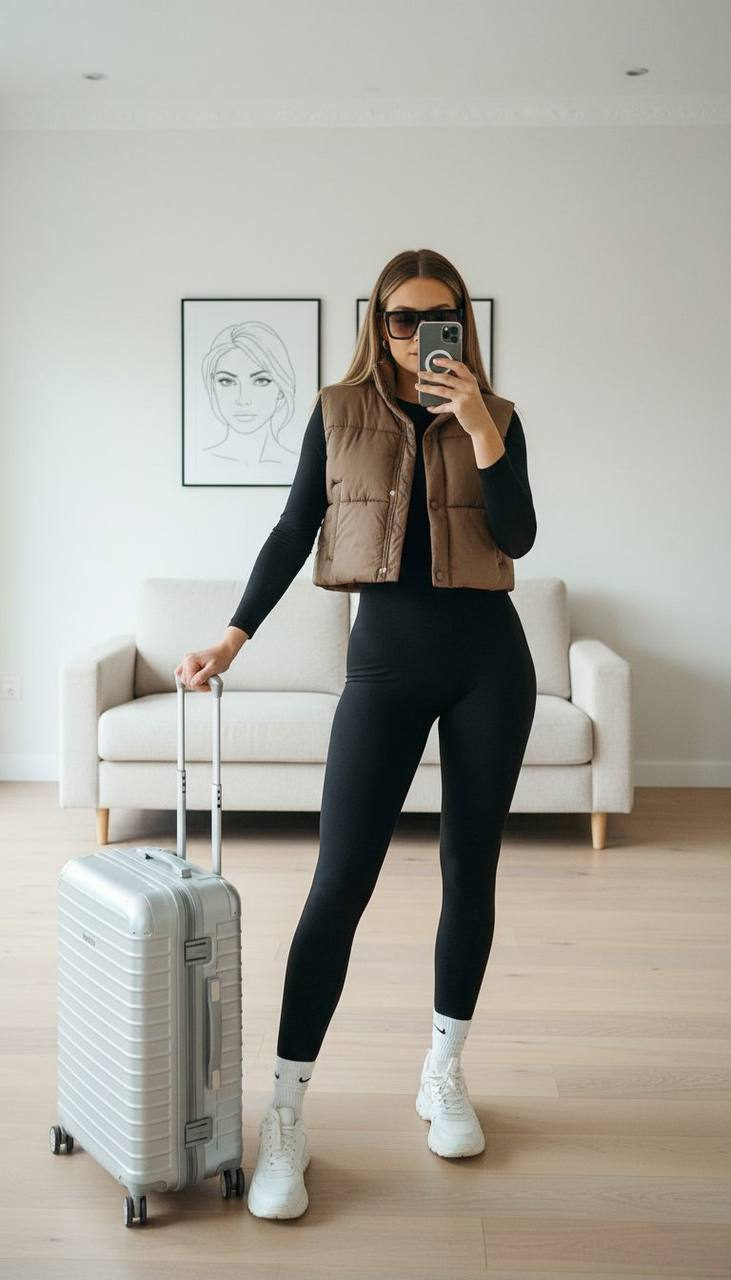 A confident woman taking a selfie in a bright room, wearing a long-sleeved jumpsuit and a quilted vest, with a suitcase beside her.