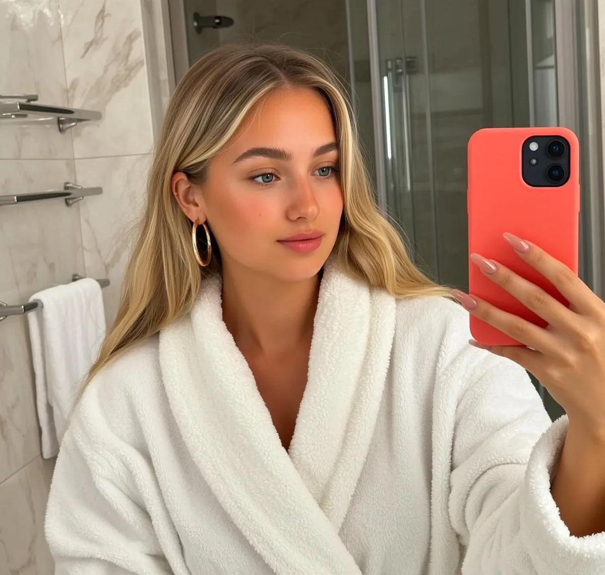 Explore Taking Selfie Bathroom Holding Coral-colored Smartphone