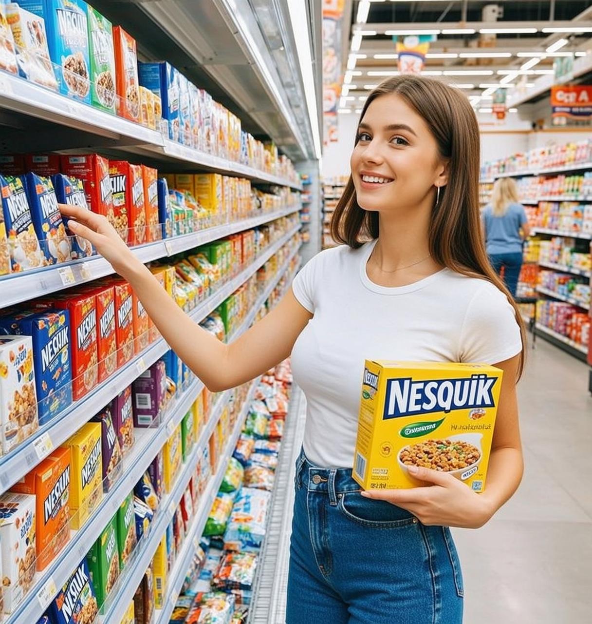 Explore Standing Grocery Store Aisle Holding Box