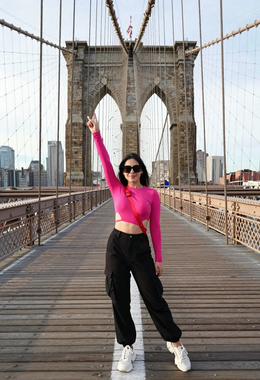 Woman Stands The Wooden Walkway Large Suspension Bridge With Her reference photo