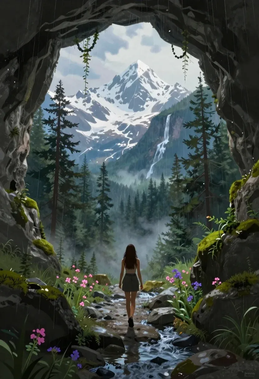 Digital Painting Lone Figure Walking Away Through Mossy Cave Entrance