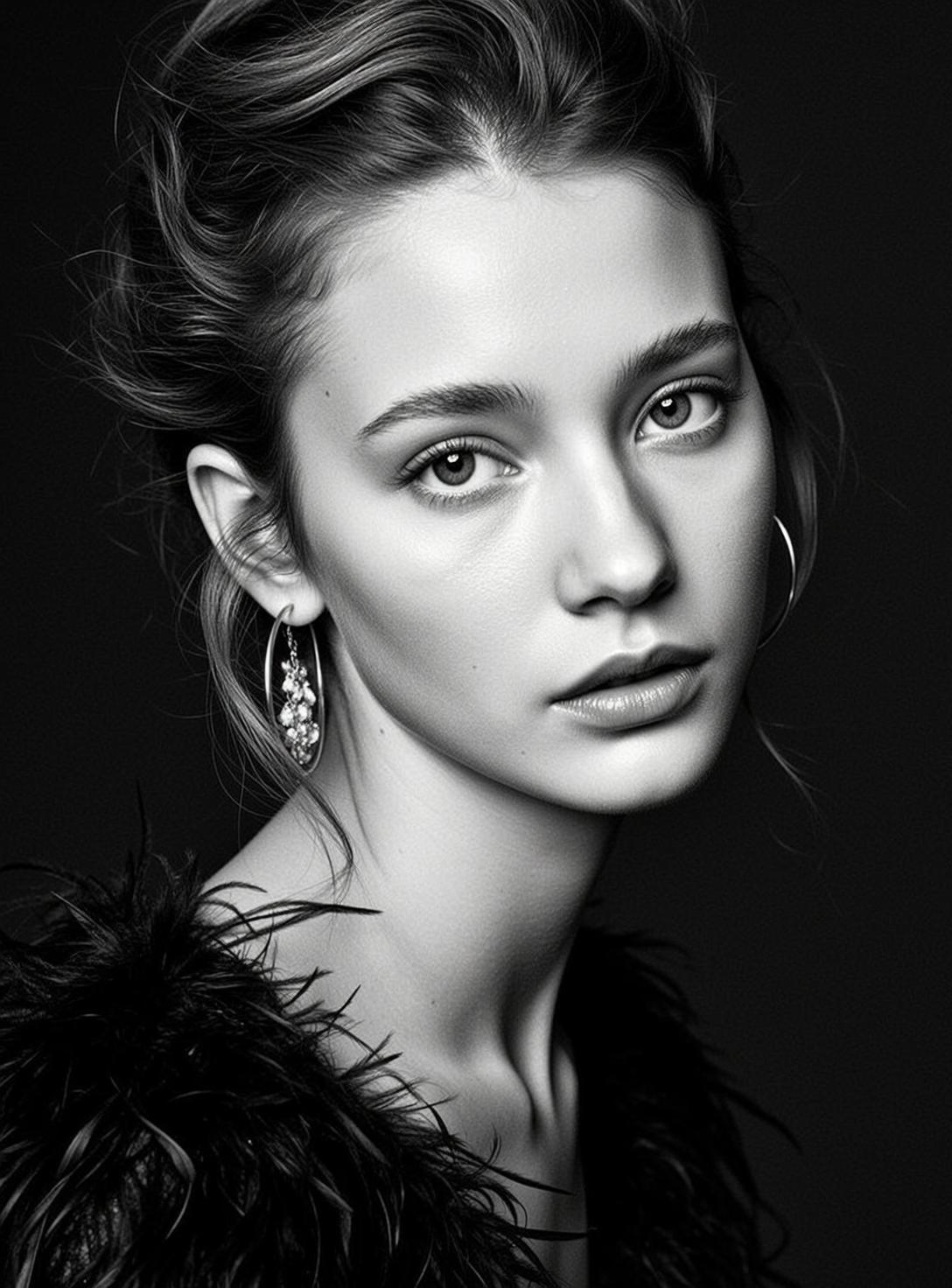 Photorealistic Black And White Medium Close-up Portrait Young Woman With