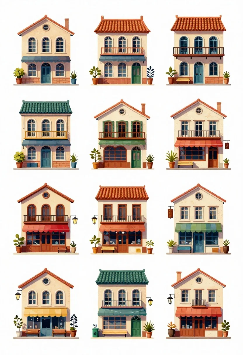 Grid Twelve Distinct Storefronts And Small Buildings Presented Charming Illustrative reference photo
