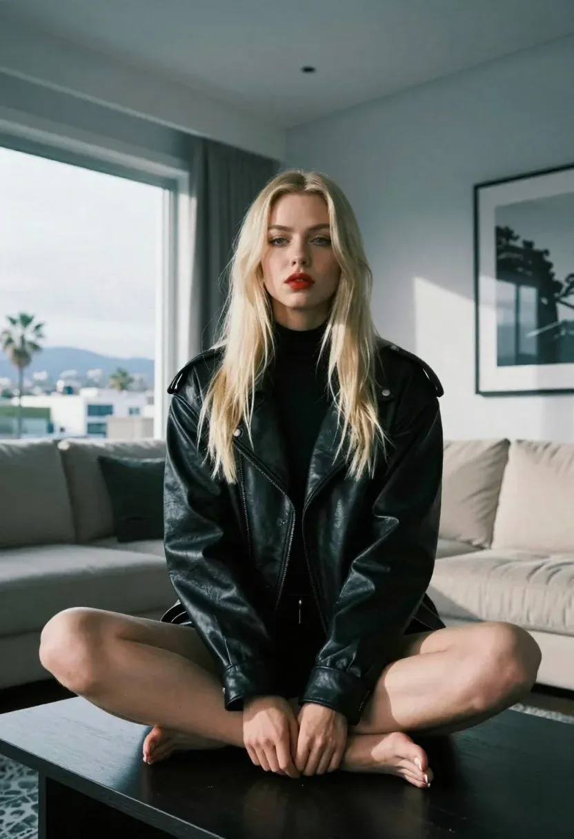 Blonde Woman Sits Cross-legged Low Coffee Table Modern Living Room