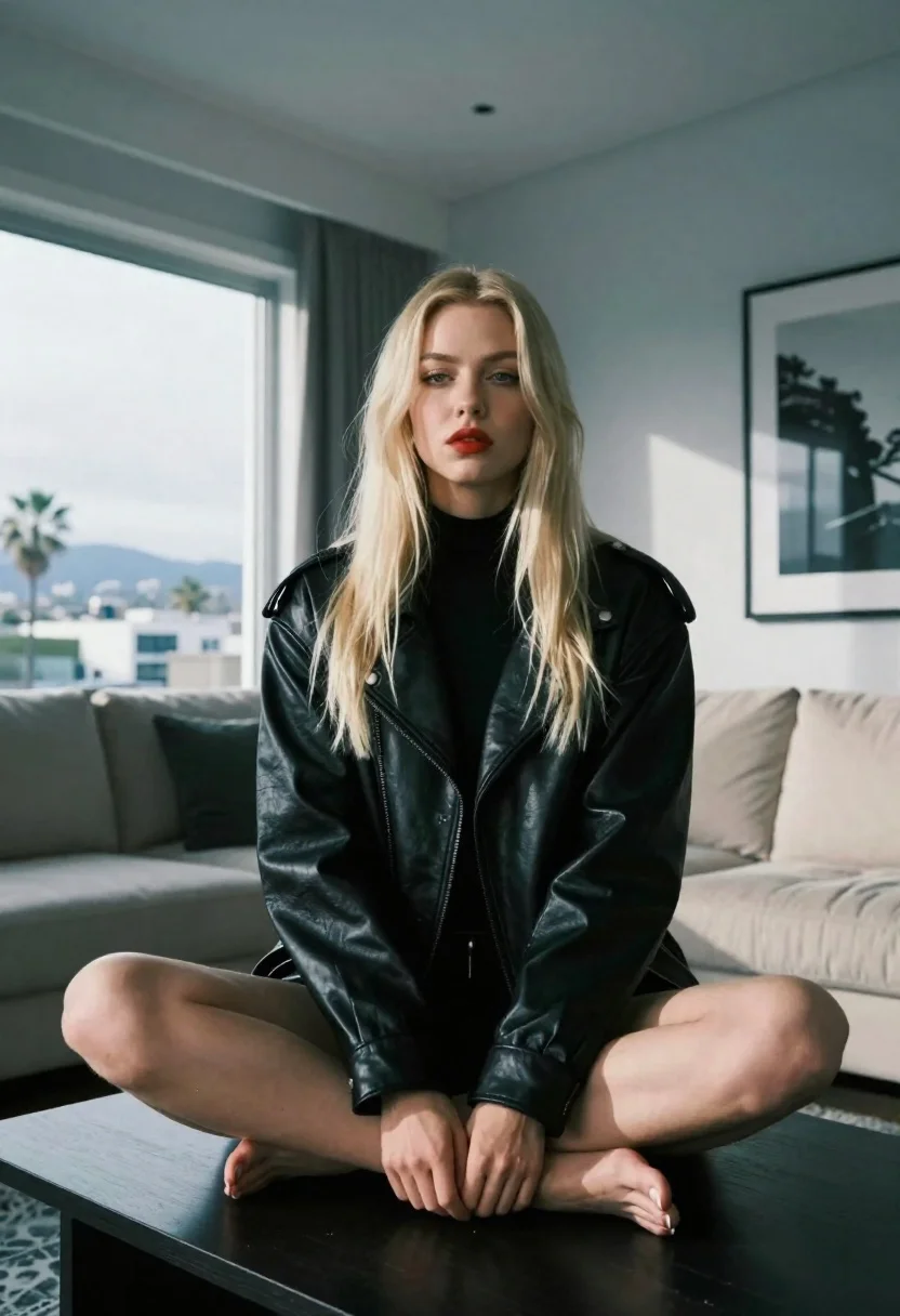 Blonde Woman Sits Cross-legged Low Coffee Table Modern Living Room reference photo