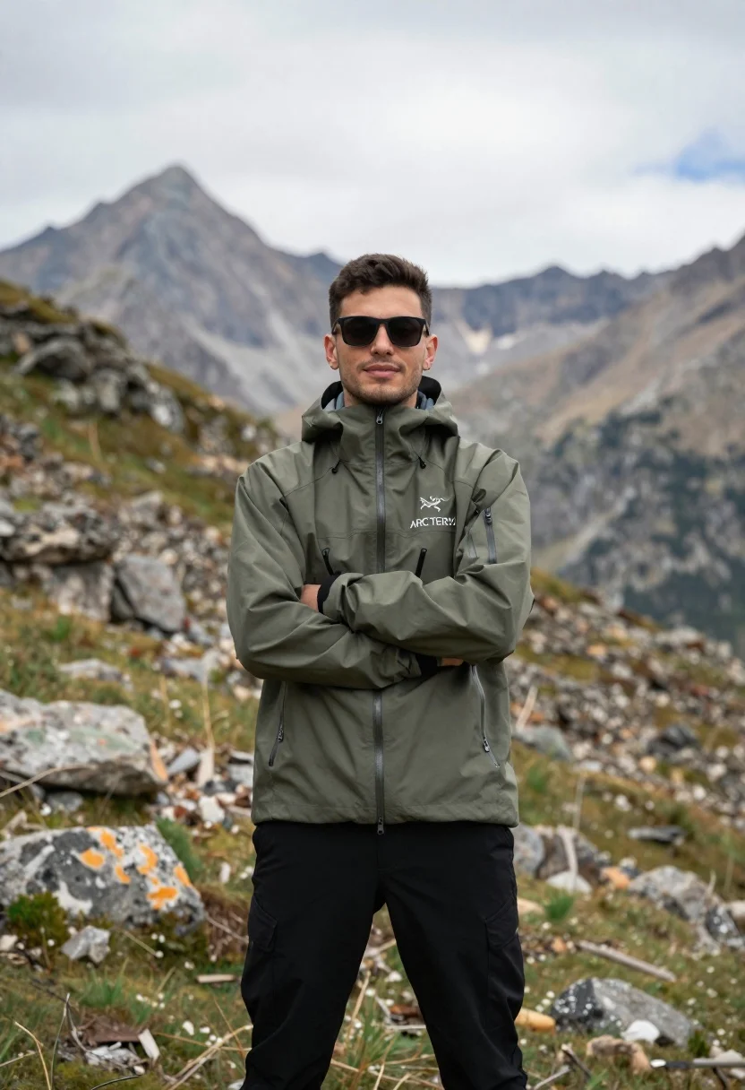 Young Man Stands Confidently With His Arms Crossed Rugged Mountain