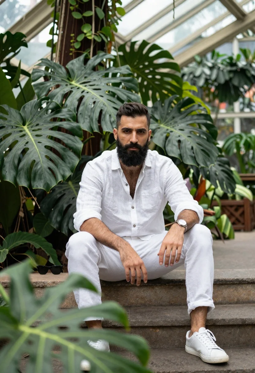 Confident Man With Full Beard Sits Casually Lush Botanical Garden