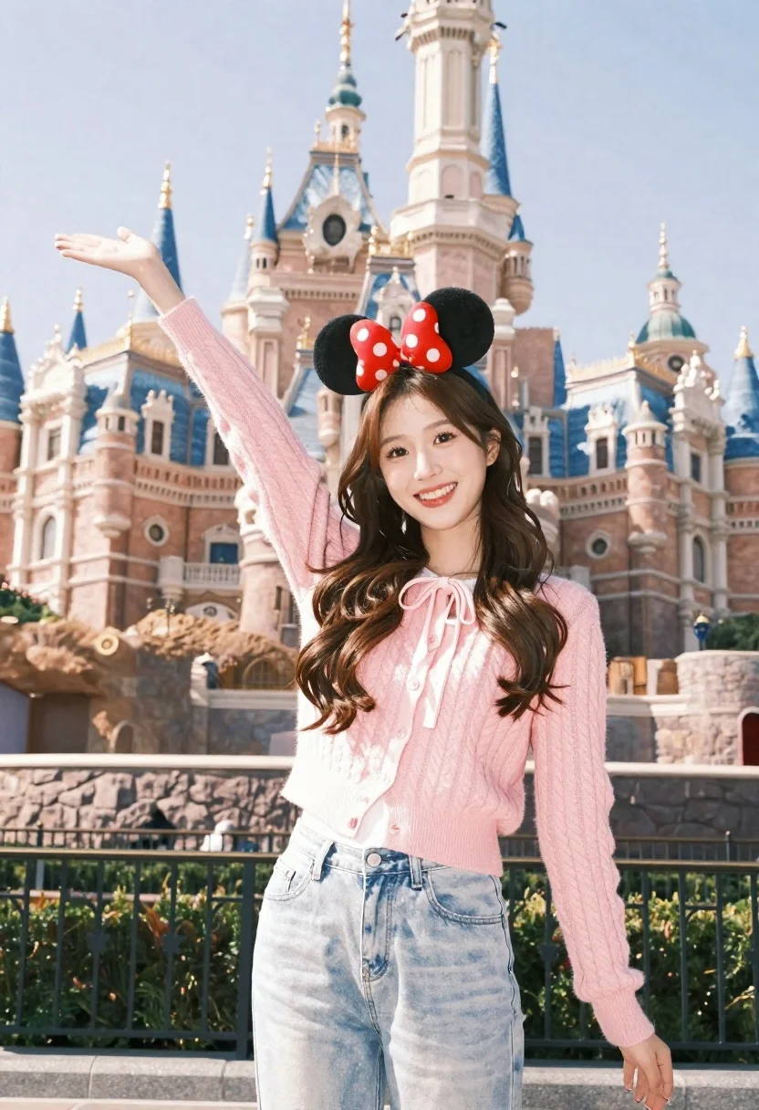 Young Woman Stands Smiling Front Grand Castle With Blue Spires