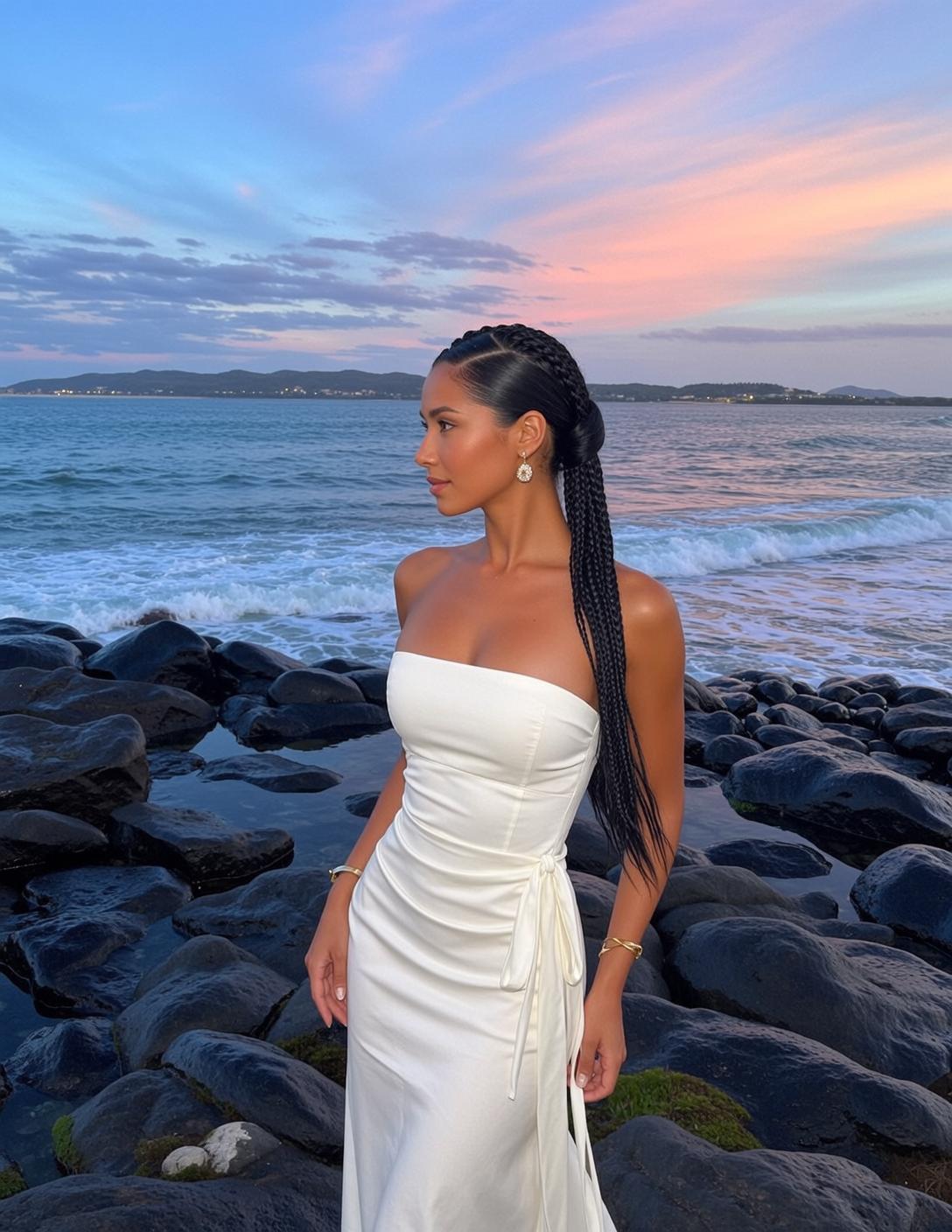 White Silk Dress Strapless White Dress Rocky Beach Wet Rocks