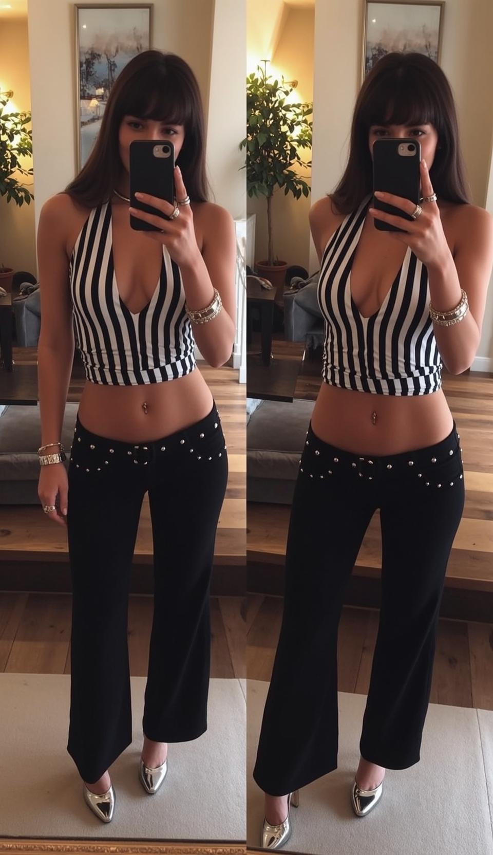 Y2k Stands Facing Mirror Holding Smartphone Her