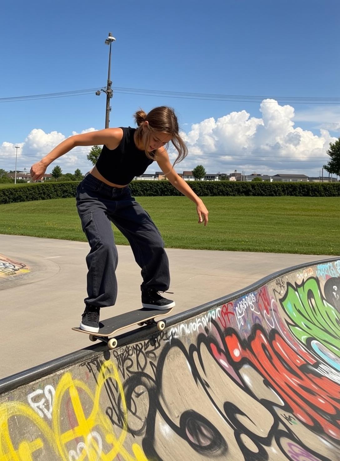 Skatepark Action Young Woman Balancing On Ramp