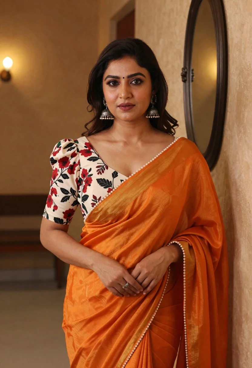 Woman Stands Soft Indoor Setting Wearing Orange Saree With Pearl reference photo
