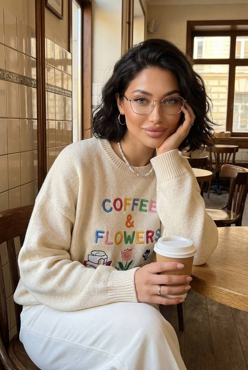 A woman in a cream knit sweater sitting at a cafe table, holding a coffee cup with a warm smile.