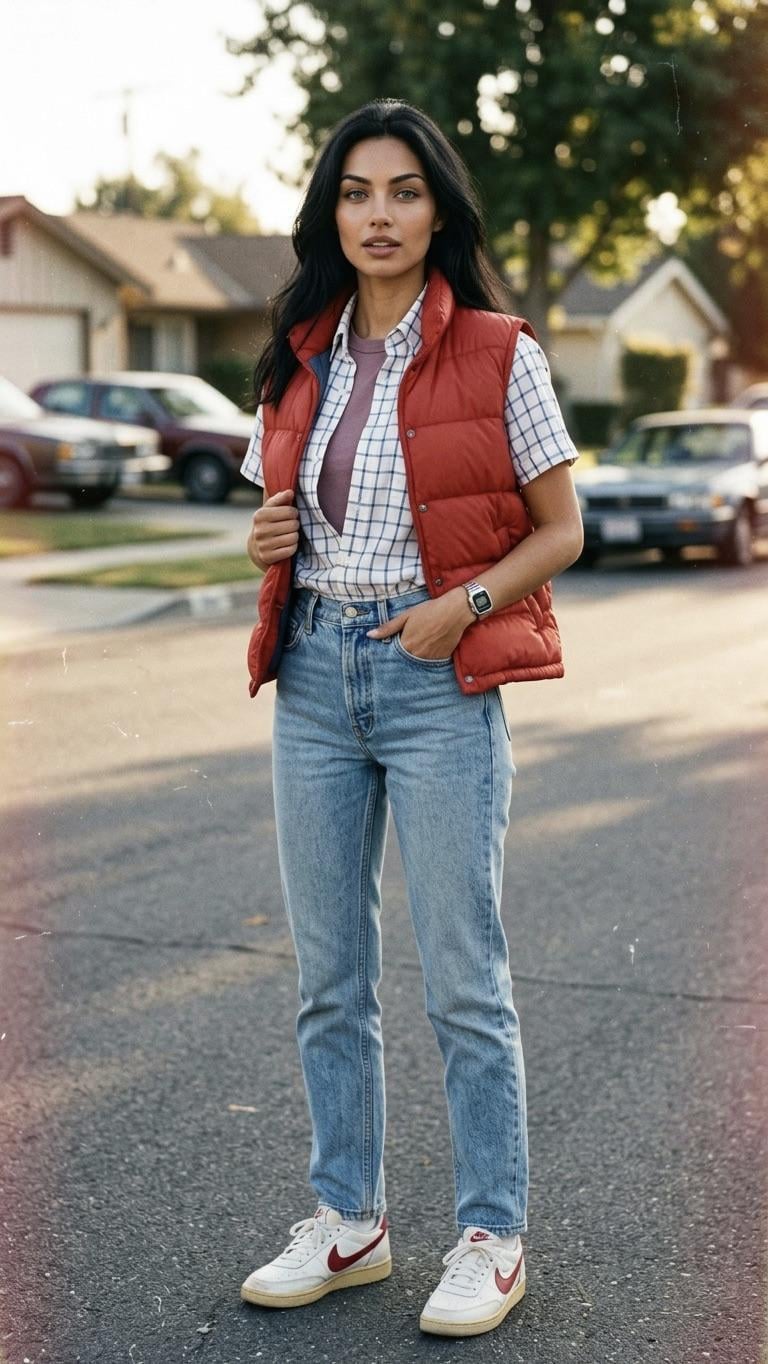 Stands On Quiet Suburban Street In Casual Streetwear Outfit She