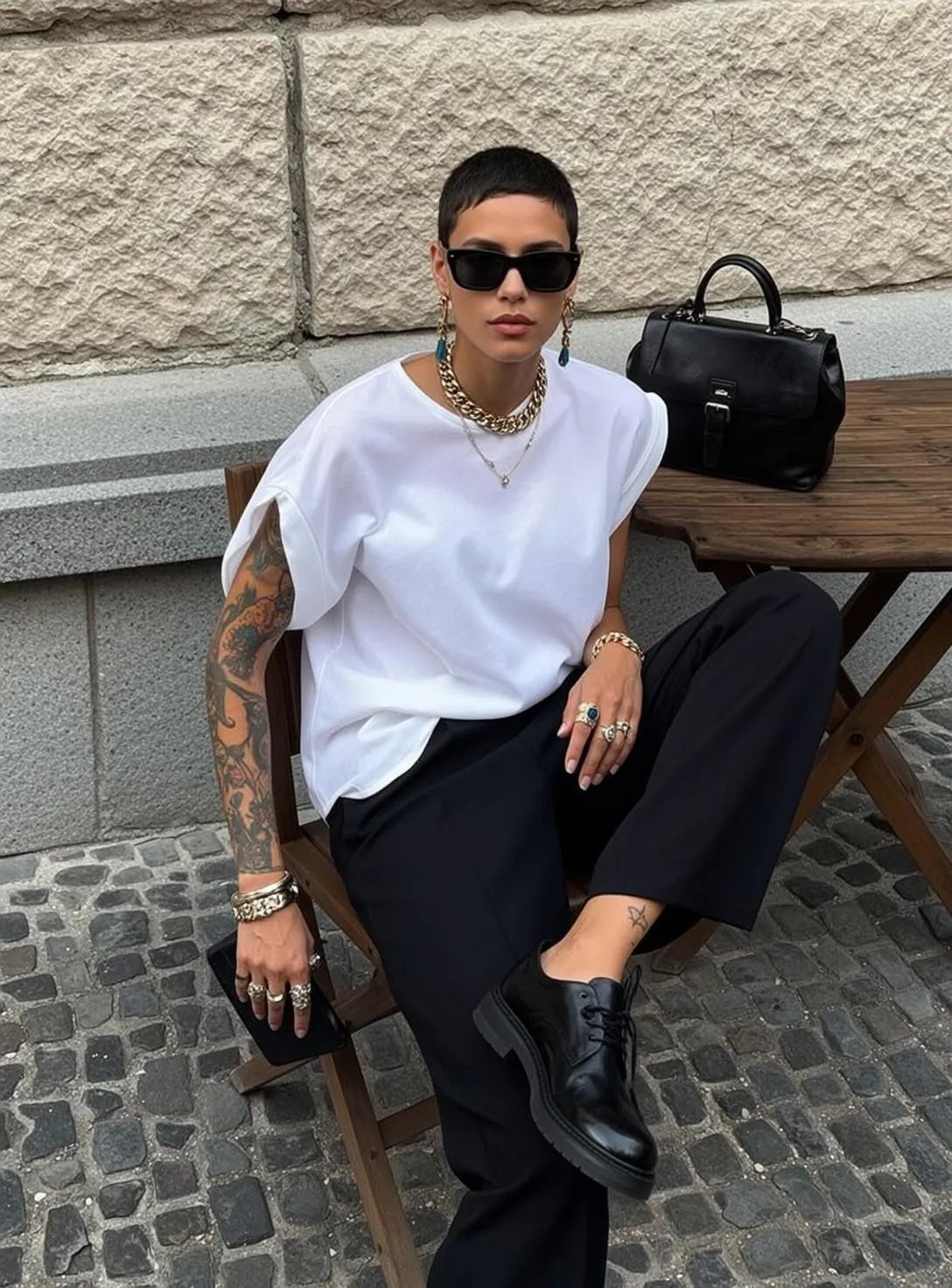 Tattoos Sunglasses Earrings Necklace And Rings In Fashion Portrait