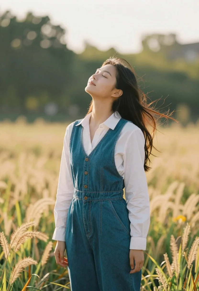 A young woman standing in a sunlit field, eyes closed, basking in warm golden hour light.