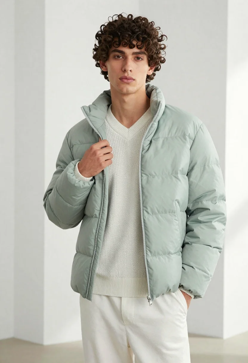 Young Man With Curly Dark Hair Stands Minimalist Studio Setting