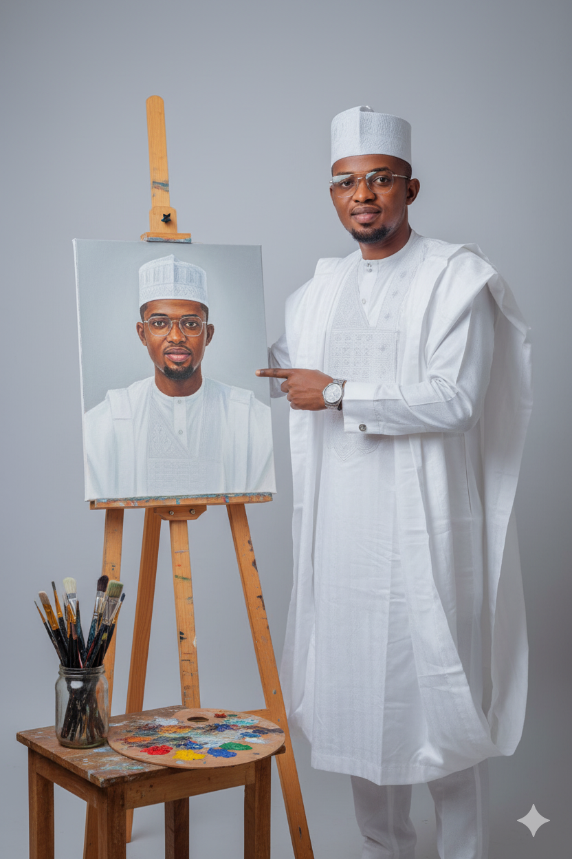 A Nigerian man in traditional attire stands beside an easel showcasing his self-portrait, against a light gray background.