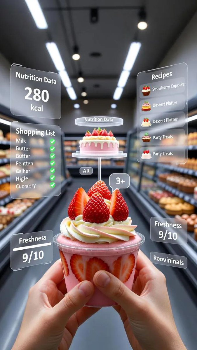First-person POV shot of a modern supermarket aisle featuring a jam jar. Colorful branding with AR overlays and a glowing freshness meter.