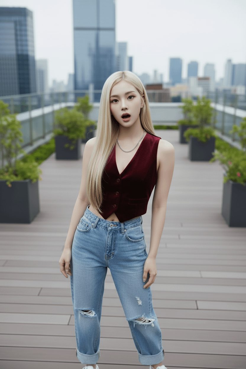 Platinum Hair On Rooftop Terrace With Cityscape