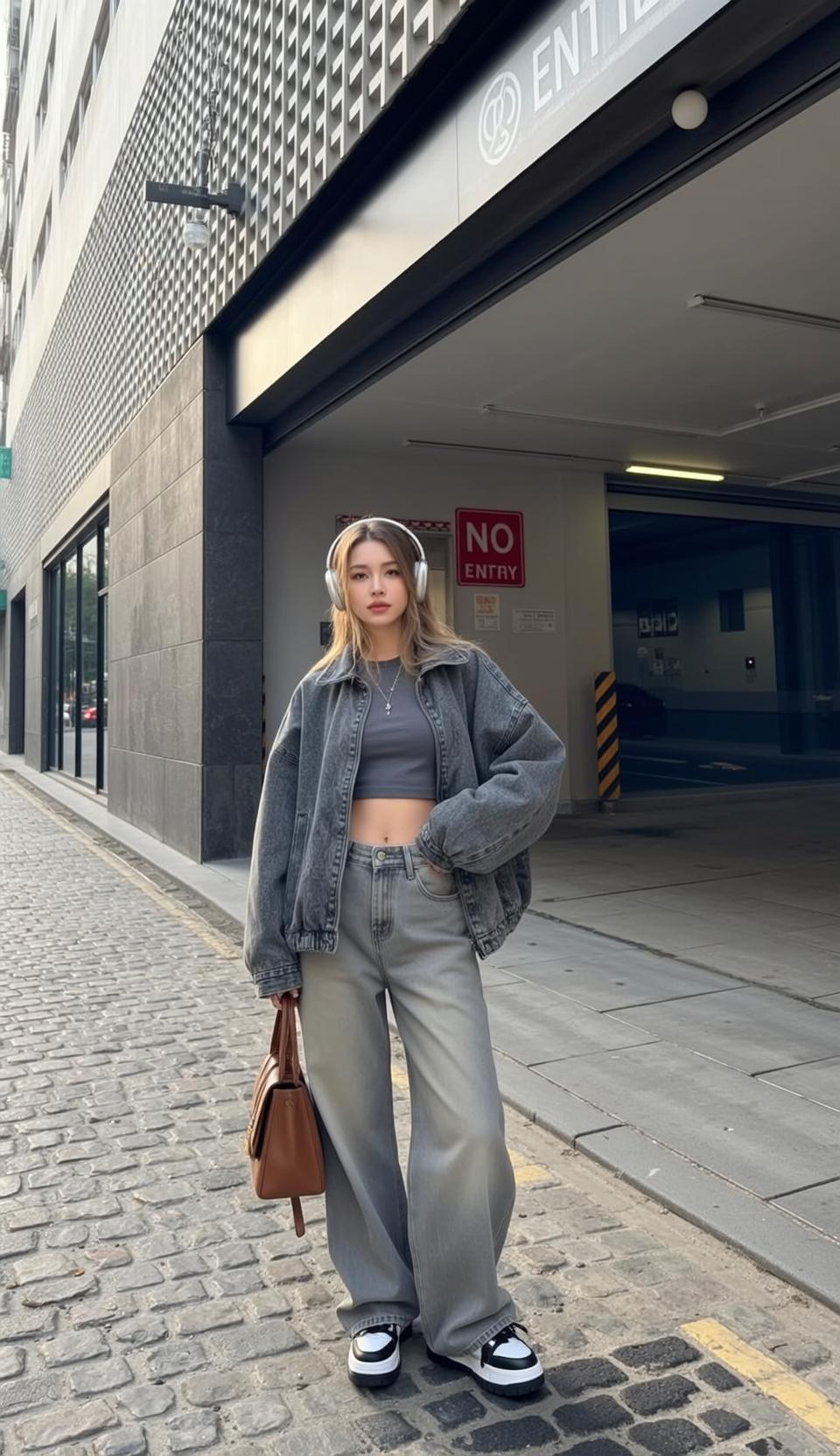 Blonde Woman Grey Outfit Urban Street