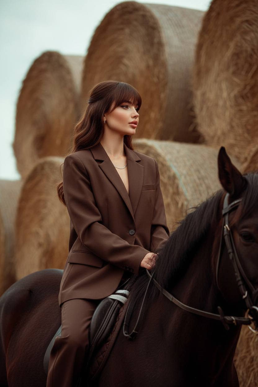 A woman in a chocolate suit sits gracefully on a dark brown horse, surrounded by bales of hay under soft natural light.