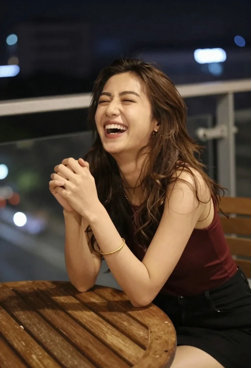 Young Woman With Long Dark Hair Laughing Heartily While Leaning reference photo