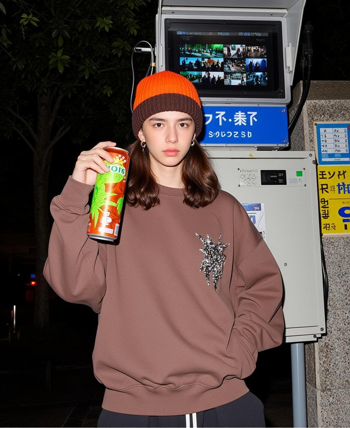 Explore Stands Facing Holding Green Orange Beverage