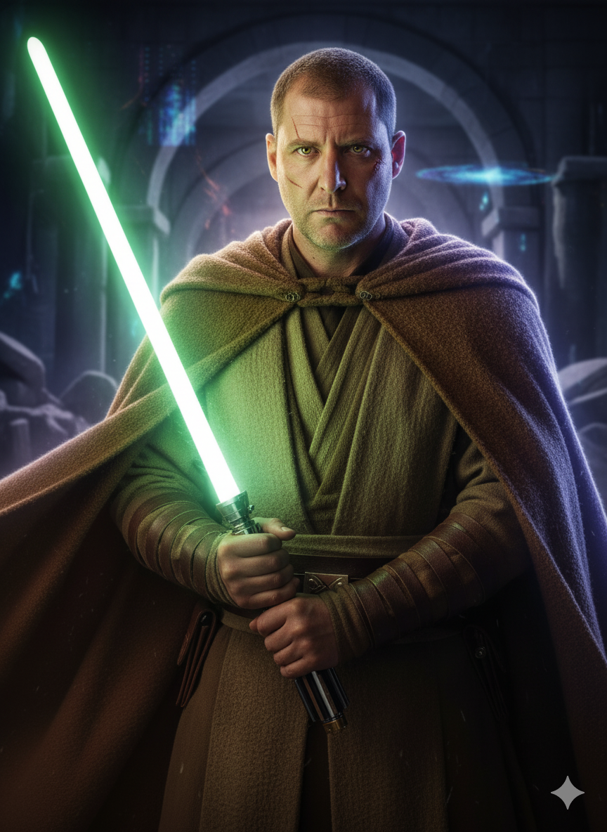 Cinematic portrait of a serene Jedi Master with deep eyes, wearing an earthy wool tunic, holding a worn lightsaber, set against dark, blurred ruins.