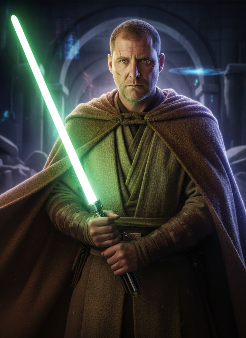 Cinematic portrait of a serene Jedi Master with deep eyes, wearing an earthy wool tunic, holding a worn lightsaber, set against dark, blurred ruins.