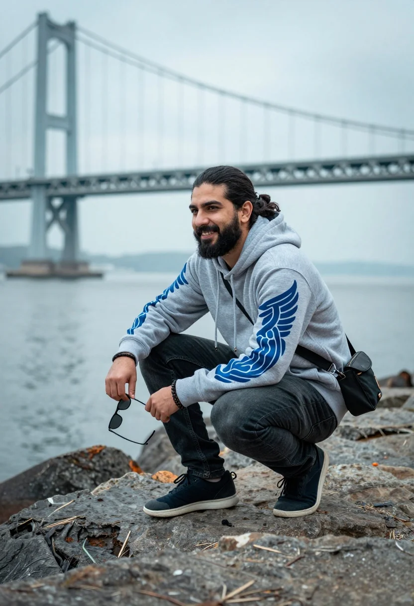 Man Crouching Rocky Terrain Near The Water With Large Bridge