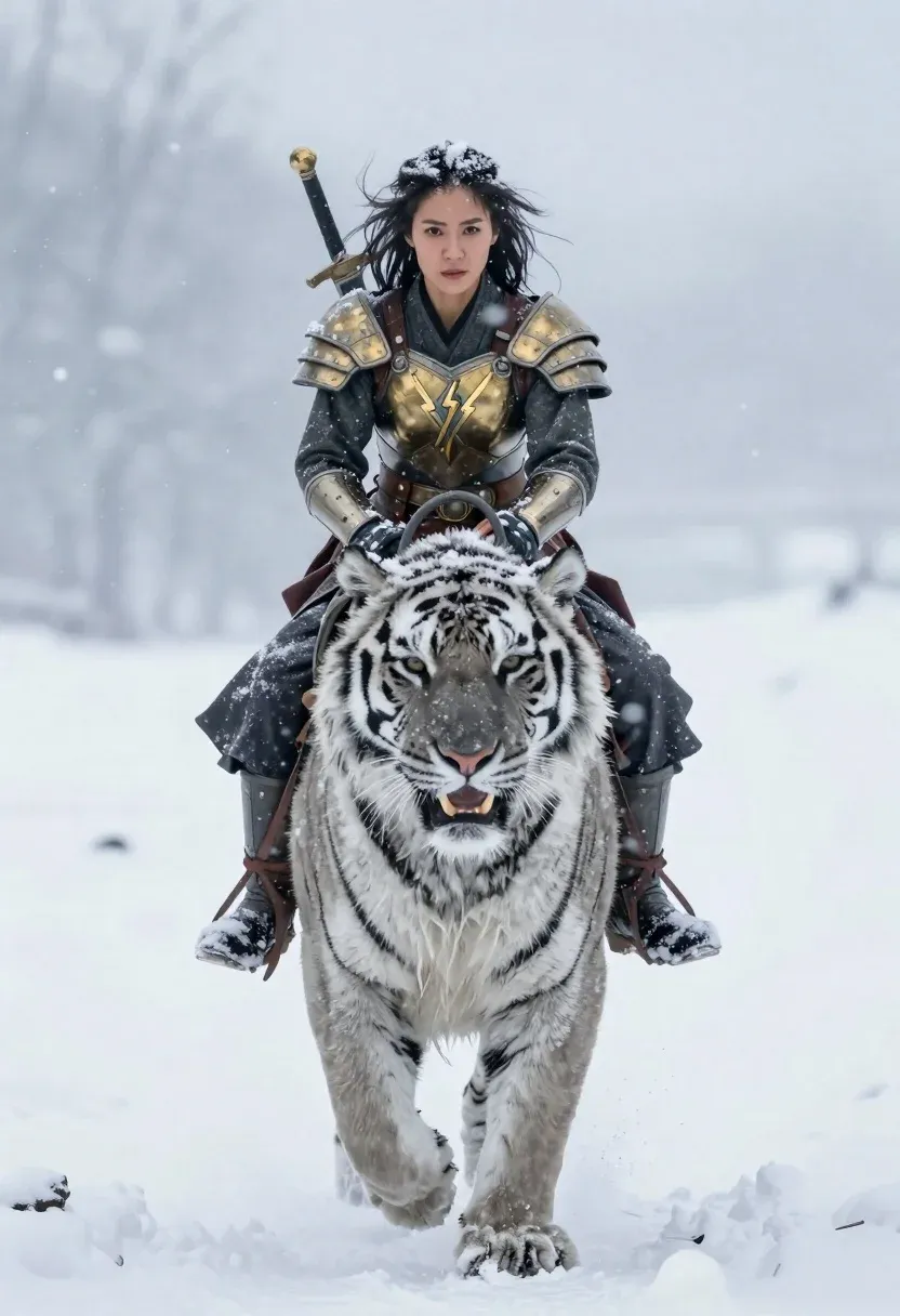 Cinematic Action Shot Determined Woman Riding Massive Snowy Tiger Through