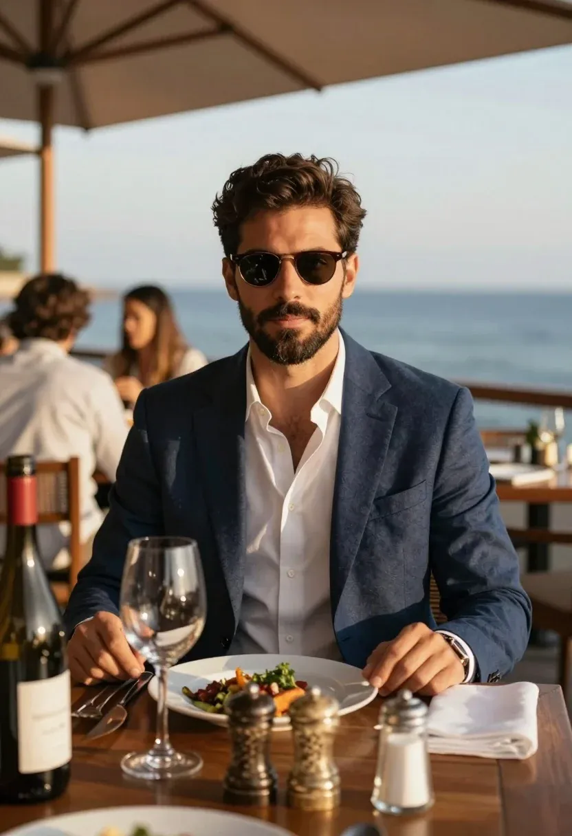 Handsome Man With Beard Sits Outdoor Dining Table Wearing Sunglasses
