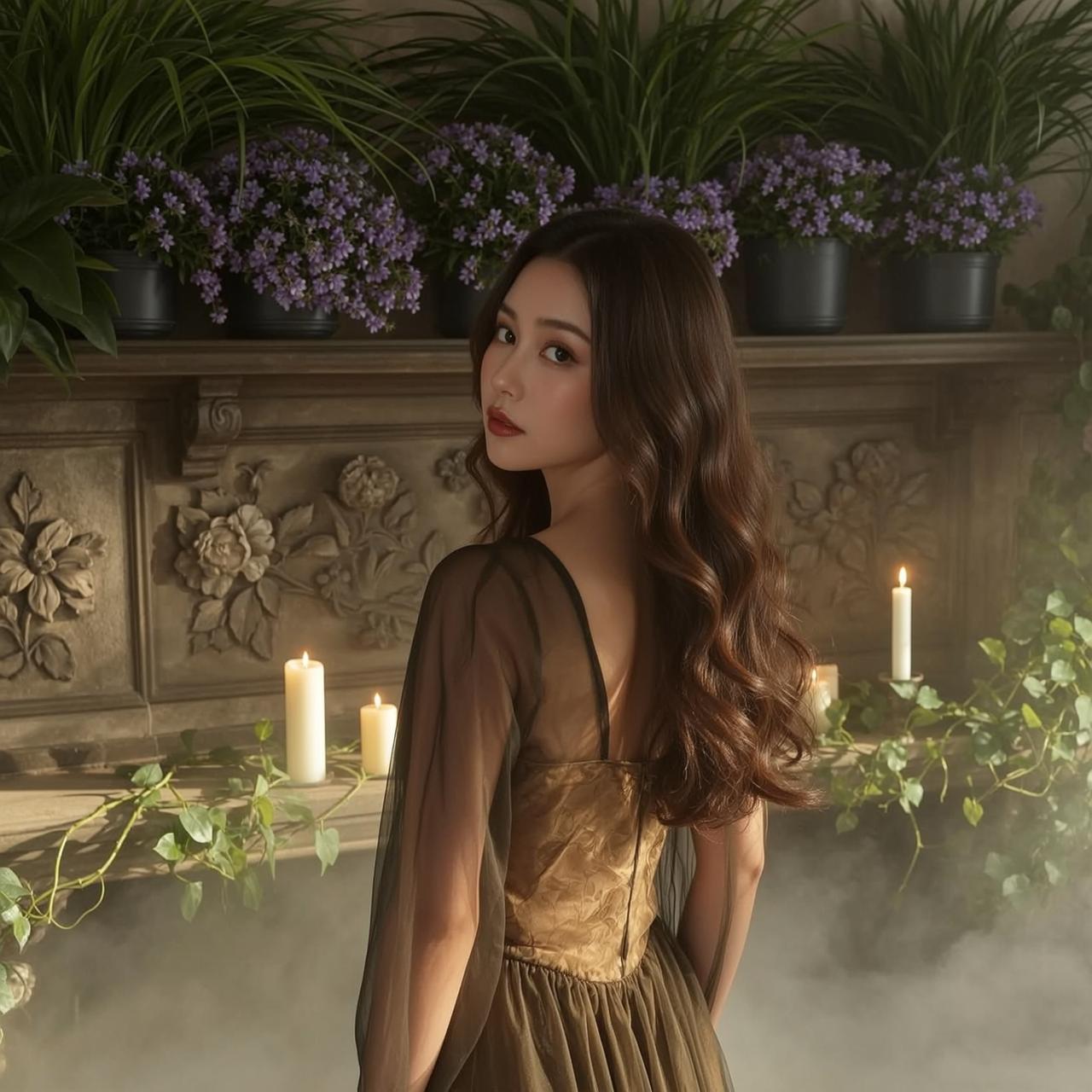 Gold Bodice Olive Chiffon Look