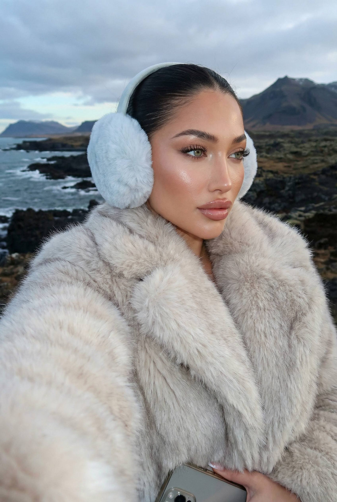 A woman in a light fur coat takes a cinematic selfie at a rocky arctic coastline with overcast skies.