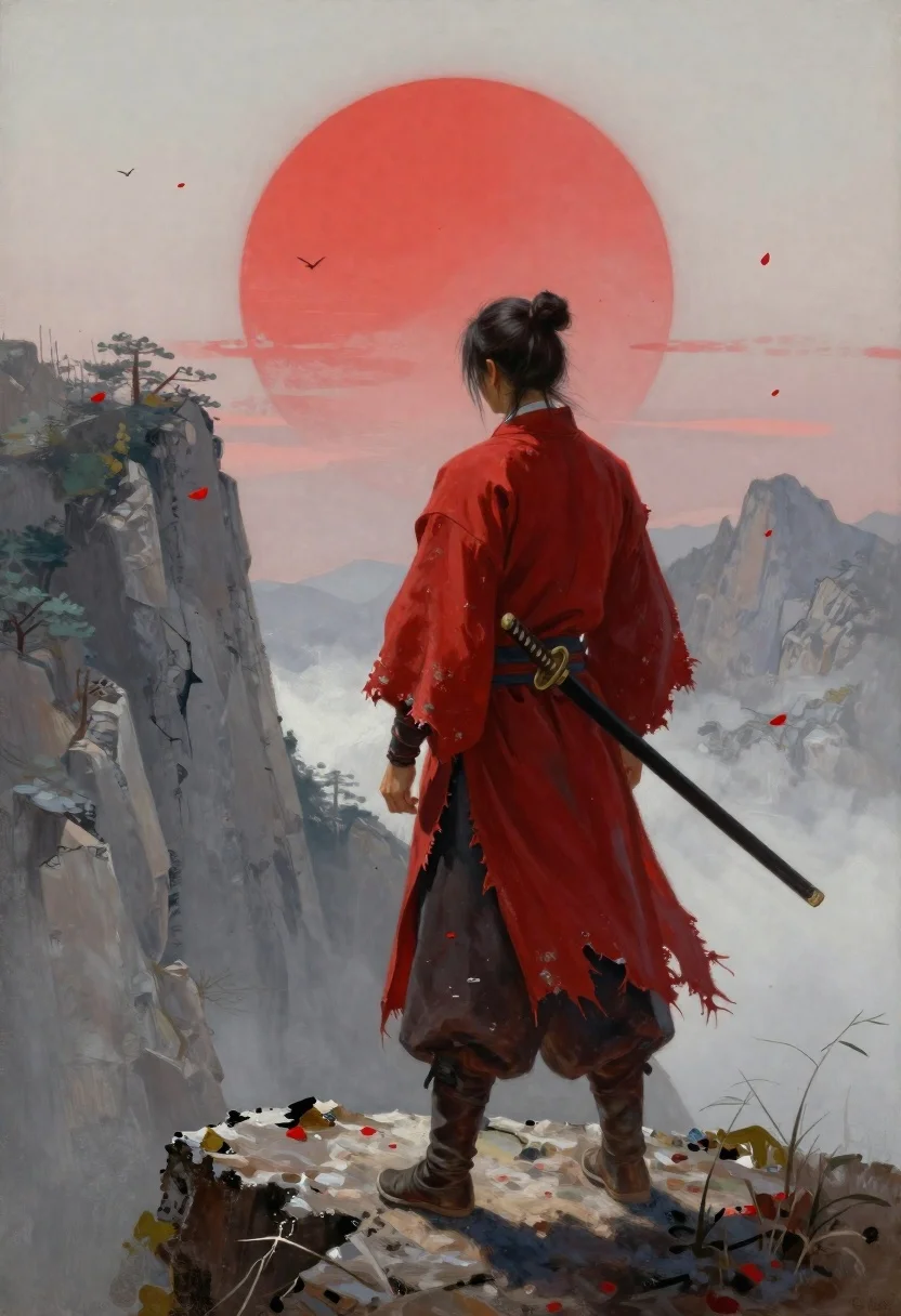 Oil Painting Lone Warrior Red Robes Standing Rocky Cliff Edge reference photo