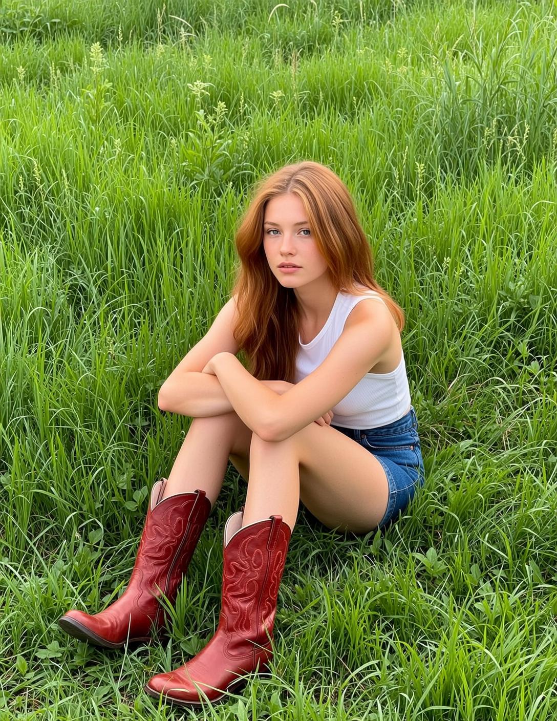 Tall Red Leather White Sleeveless Tank Grassy Field Green Grass
