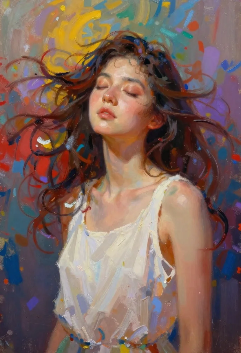 Digital Painting Serene Woman With Eyes Closed And Flowing Hair reference photo