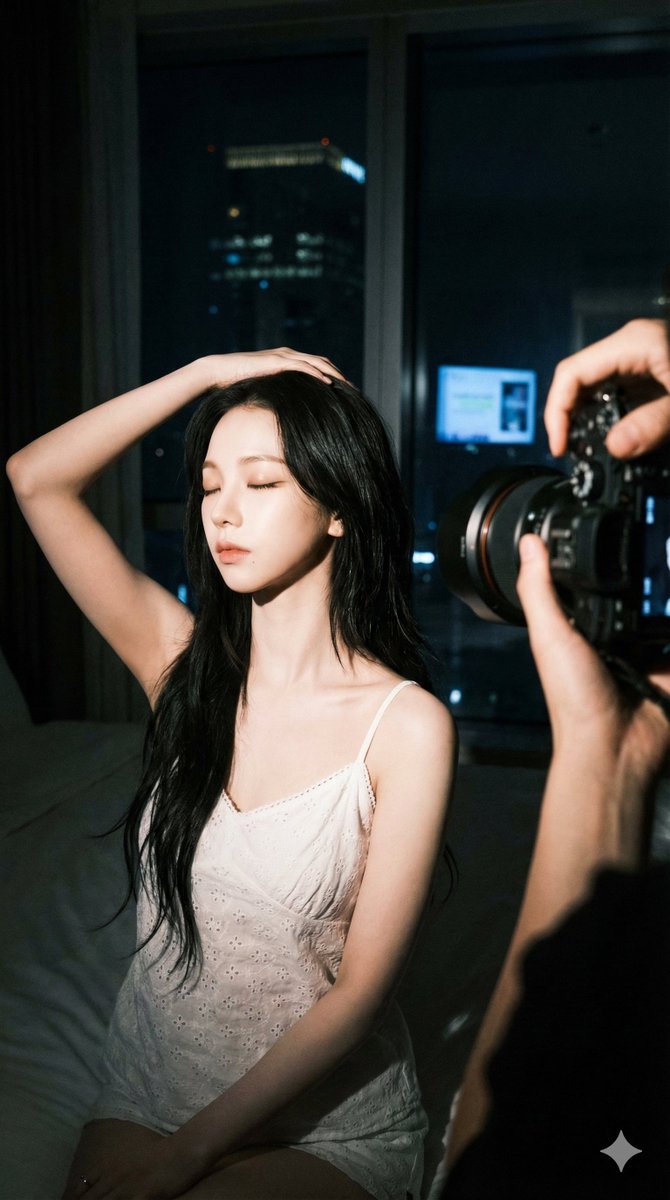 Karina sitting indoors at night, styled in a white camisole with a dark city view behind.