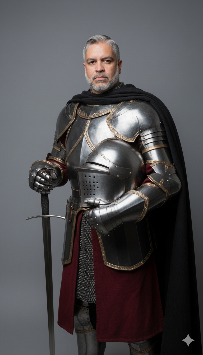 A helmetless medieval knight in dark steel armor, holding a longsword in a ready pose, with a smooth gray background.