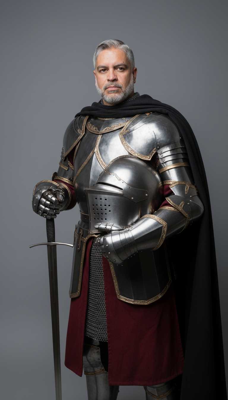 A helmetless medieval knight in dark steel armor, holding a longsword in a ready pose, with a smooth gray background.