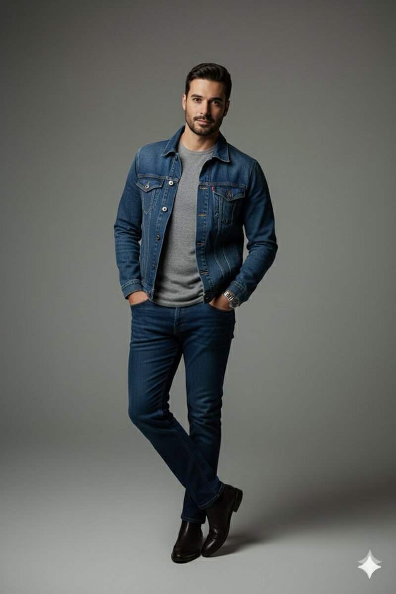 A confident man stands in a dark grey studio, wearing a denim jacket and trousers, with subtle lighting emphasizing his features.