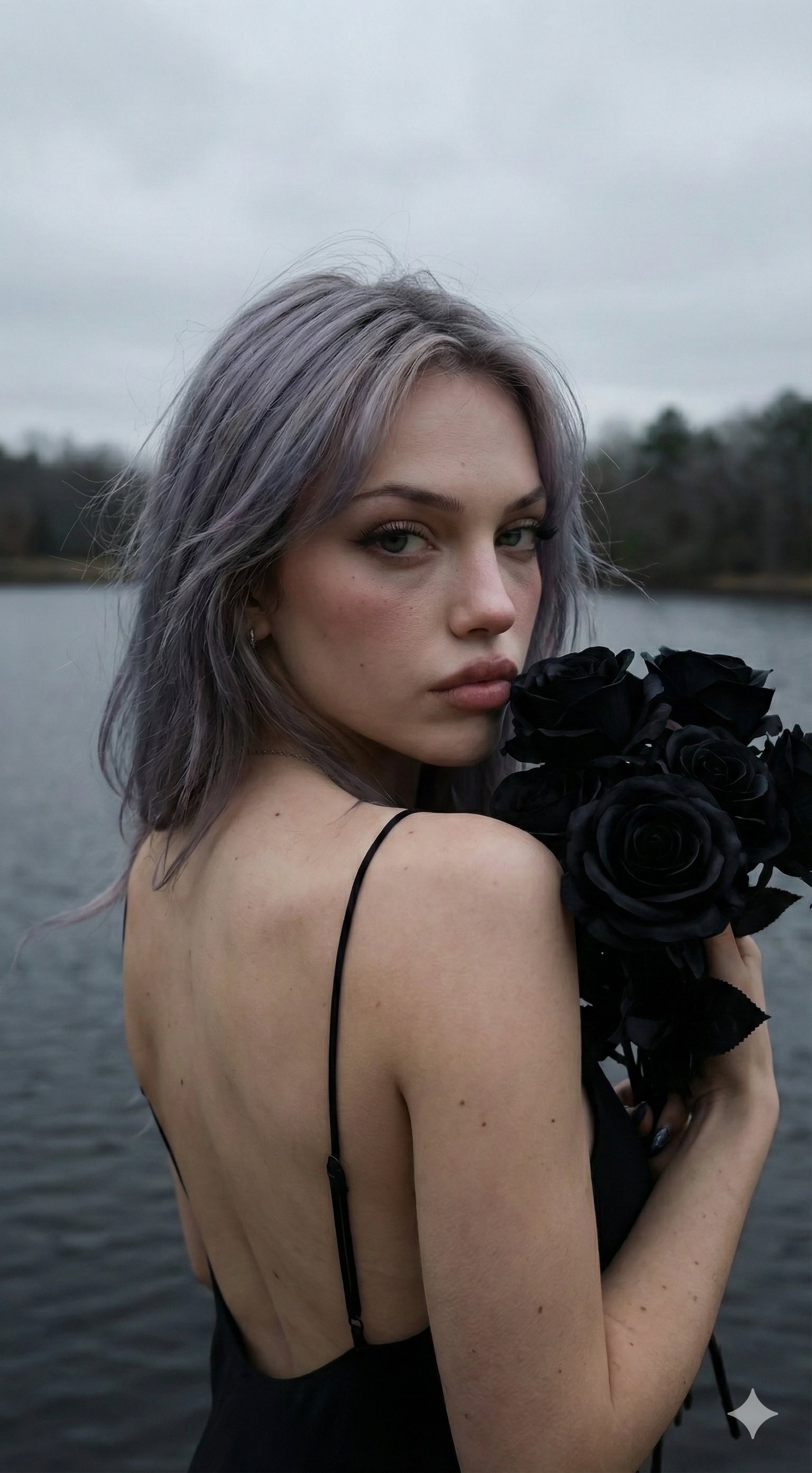 A woman in a black backless top with black roses, standing by a moody lake under overcast skies