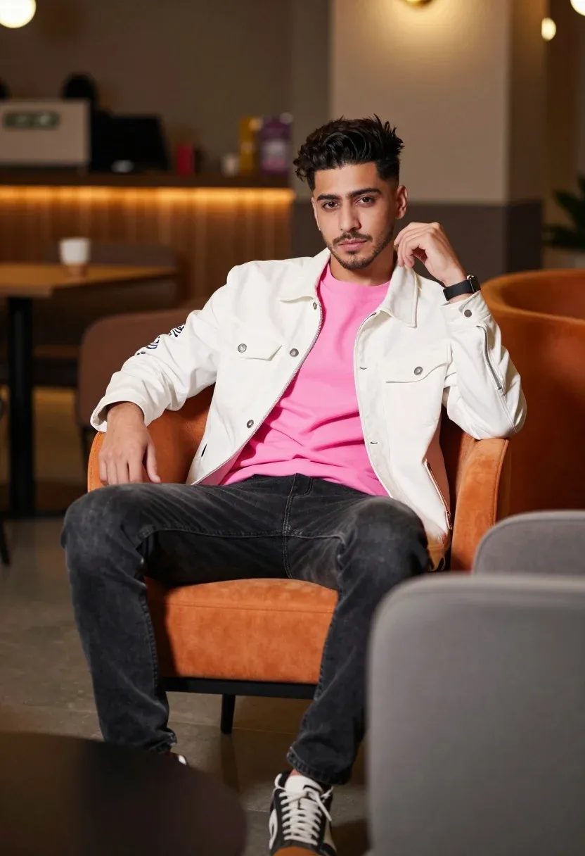 Man Sits Confidently Modern Lounge Setting With Orange Chair And