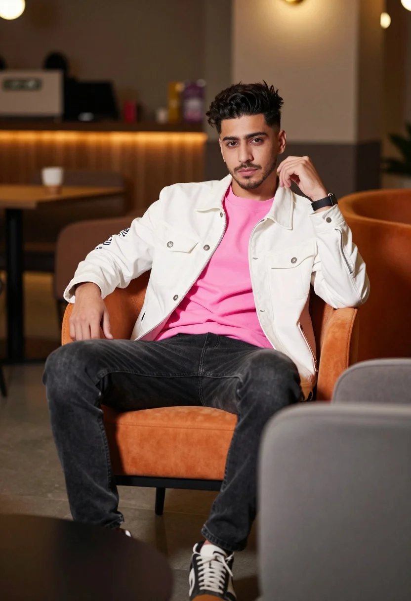 A confident man sitting in a modern lounge, with an orange chair and softly blurred background.