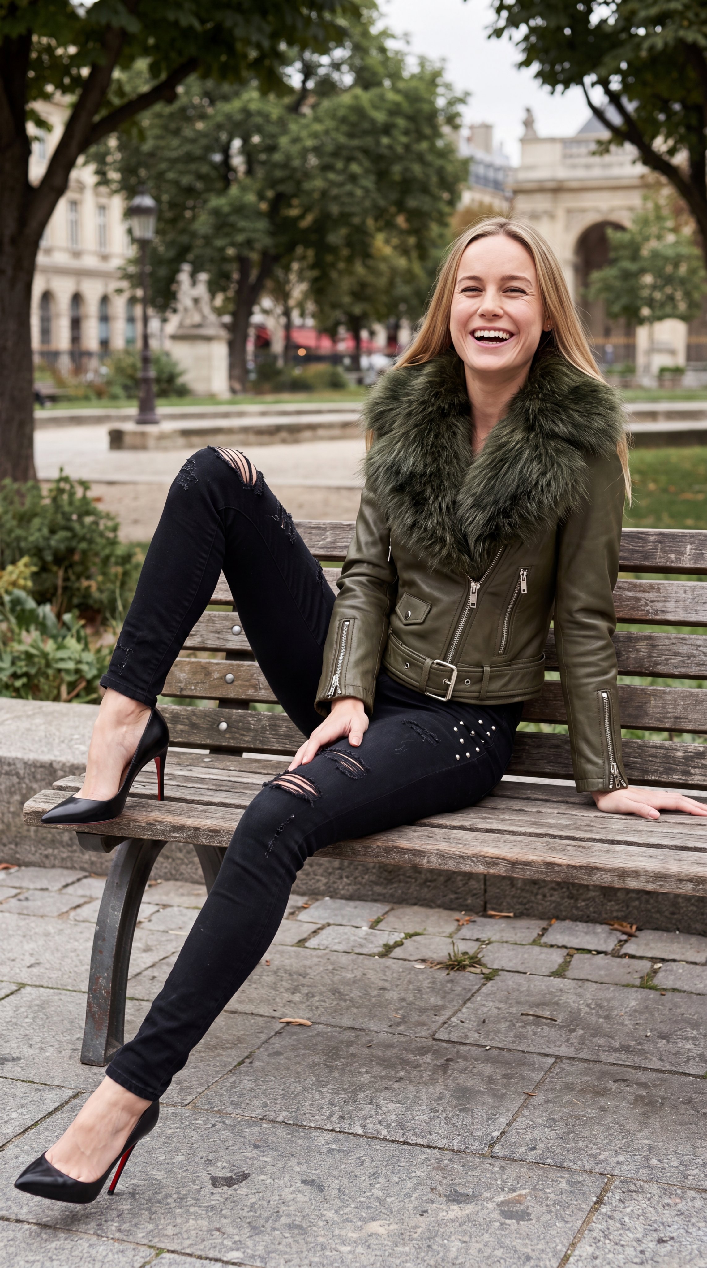 Outdoor Park Bench Laughing Leather Jacket Ripped Jeans